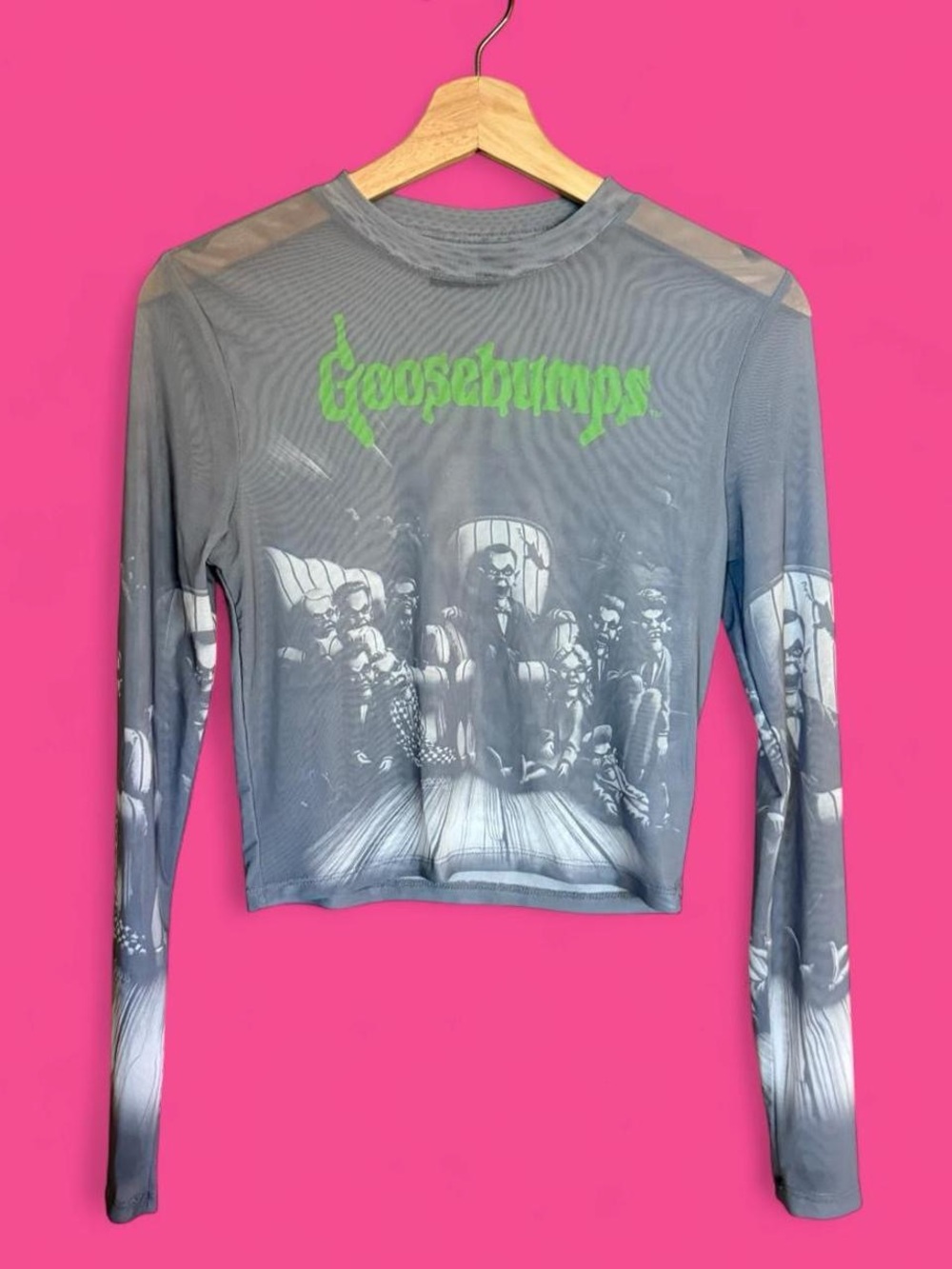 Goosebumps Graphic Mesh Long Sleeve Crop Top - Grey with Neon Green Logo